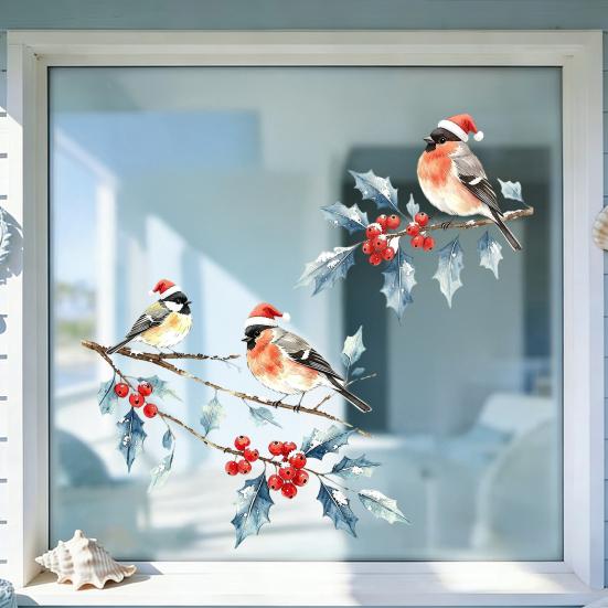 Indoor Outdoor Glass Stickers Christmas Watercolor Bird Window Sticker, Santa Hat On Beey Clings Branch Static Decal, Waterproof Cling for Holiday