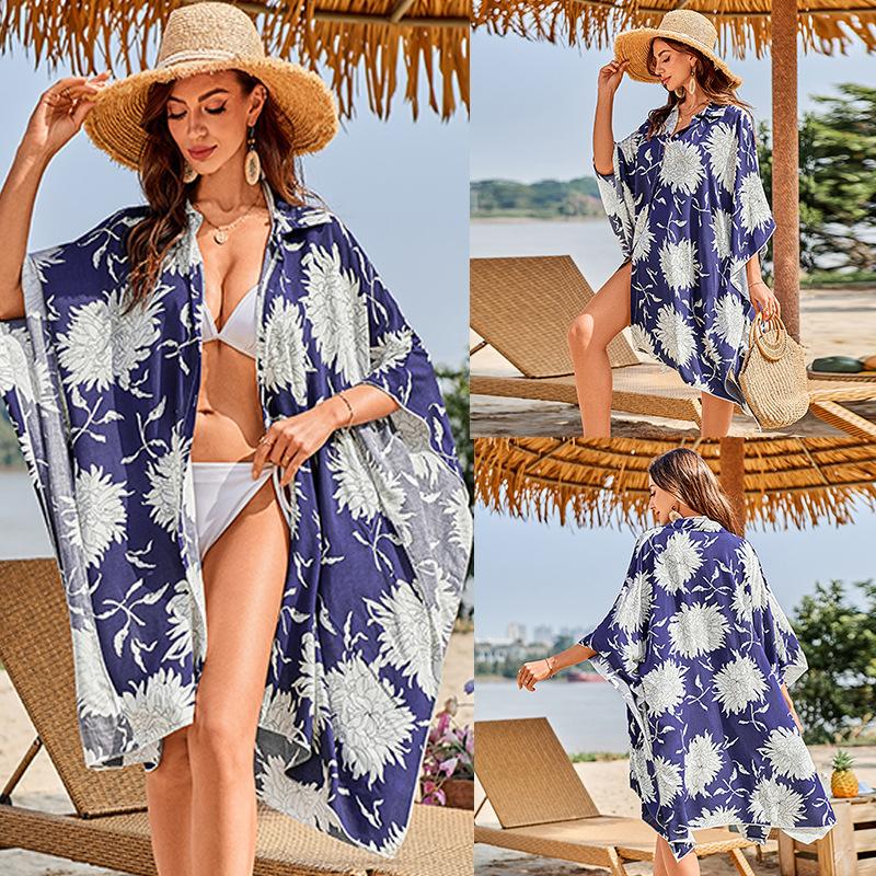 Printed Shirt Beach Jacket Bikini with Sun Protection Cardigan Vacation Swimsuit Blouse