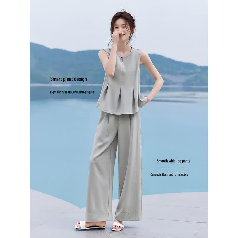 Mohanyimei Women's Smart Structure Pleated Sleeveless Top & Wide-Leg Pants Set