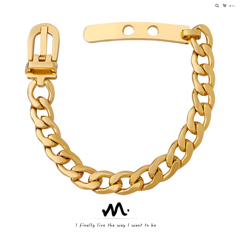 

18k Gold-Plated Titanium Steel Bracelet with Thick Chain and Press Buckle - E199