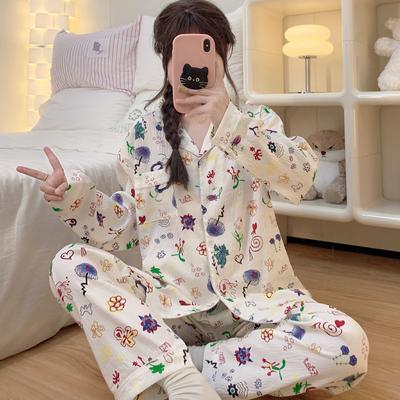Harajuku Style Lapel Neck Button Graffiti Design Women's Pajamas Sweet Cute Print Pajamas Set Winter Nightwear