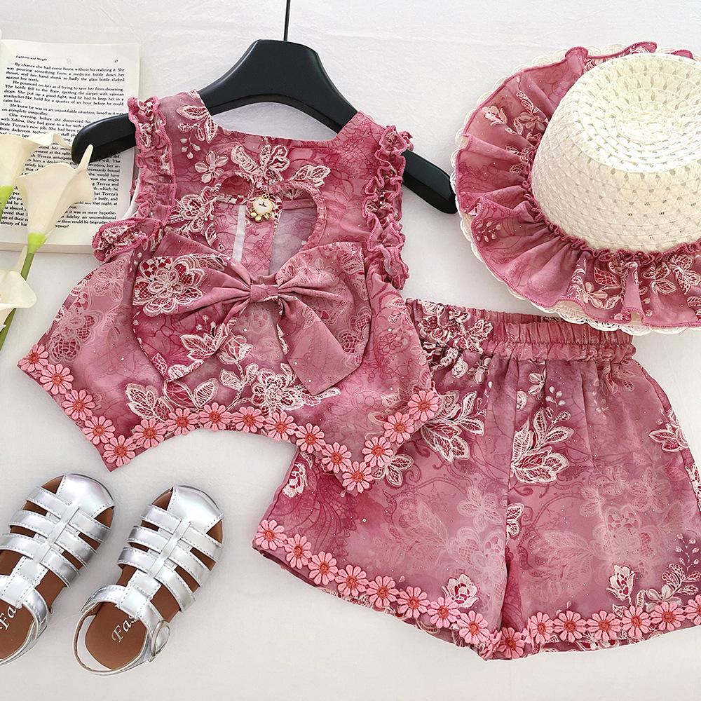 2025 Sommer Mädchen Blumen-Ausschnitt Top & Schleifen-Shorts Set