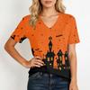 Women's Casual Short Sleeve Halloween Print V Neck Pullover Top Lightweight Comfortable Fit Seasonal Graphic Tee for Everyday Wear