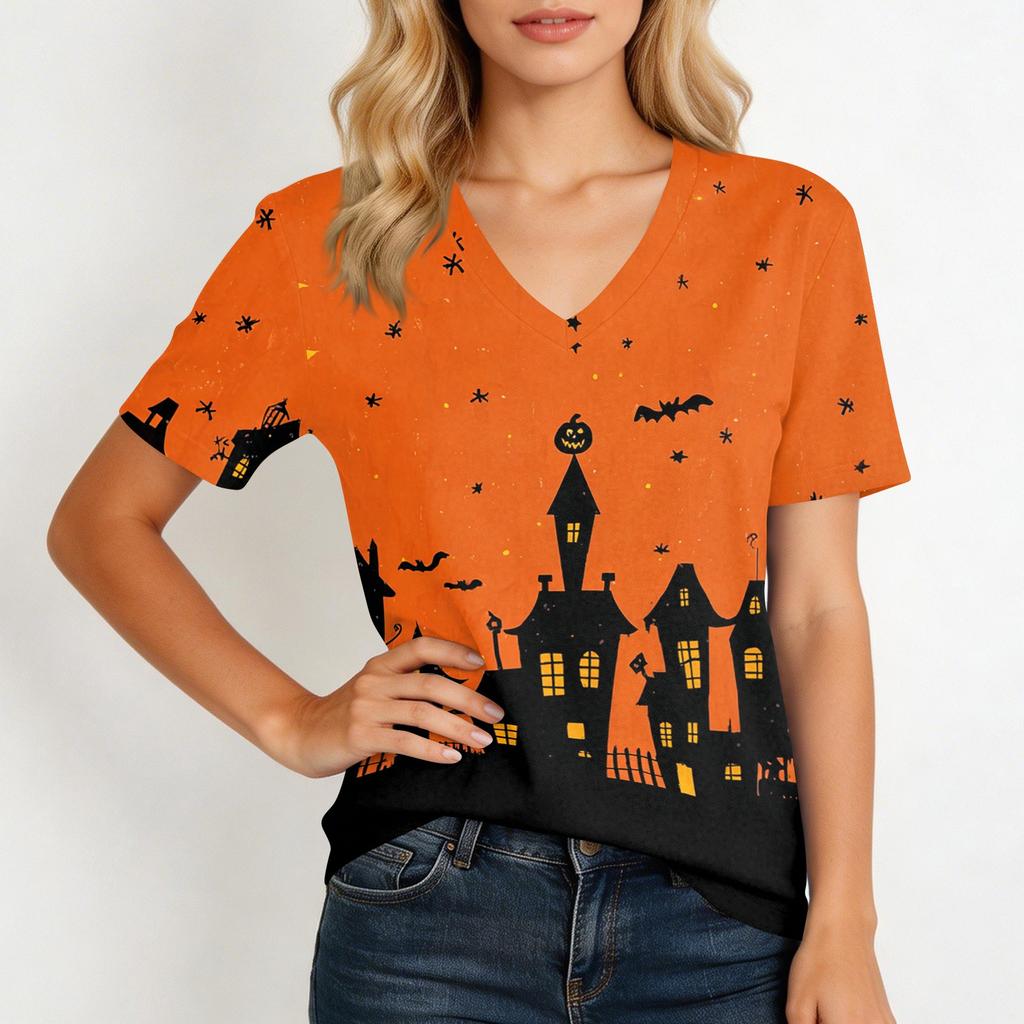 Women's Casual Short Sleeve Halloween Print V Neck Pullover Top Lightweight Comfortable Fit Seasonal Graphic Tee for Everyday Wear