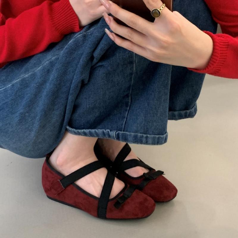 Square head cross strap French Mary Jane women's shoes 2025 ballet shoes bow platform shallow mouth single shoes