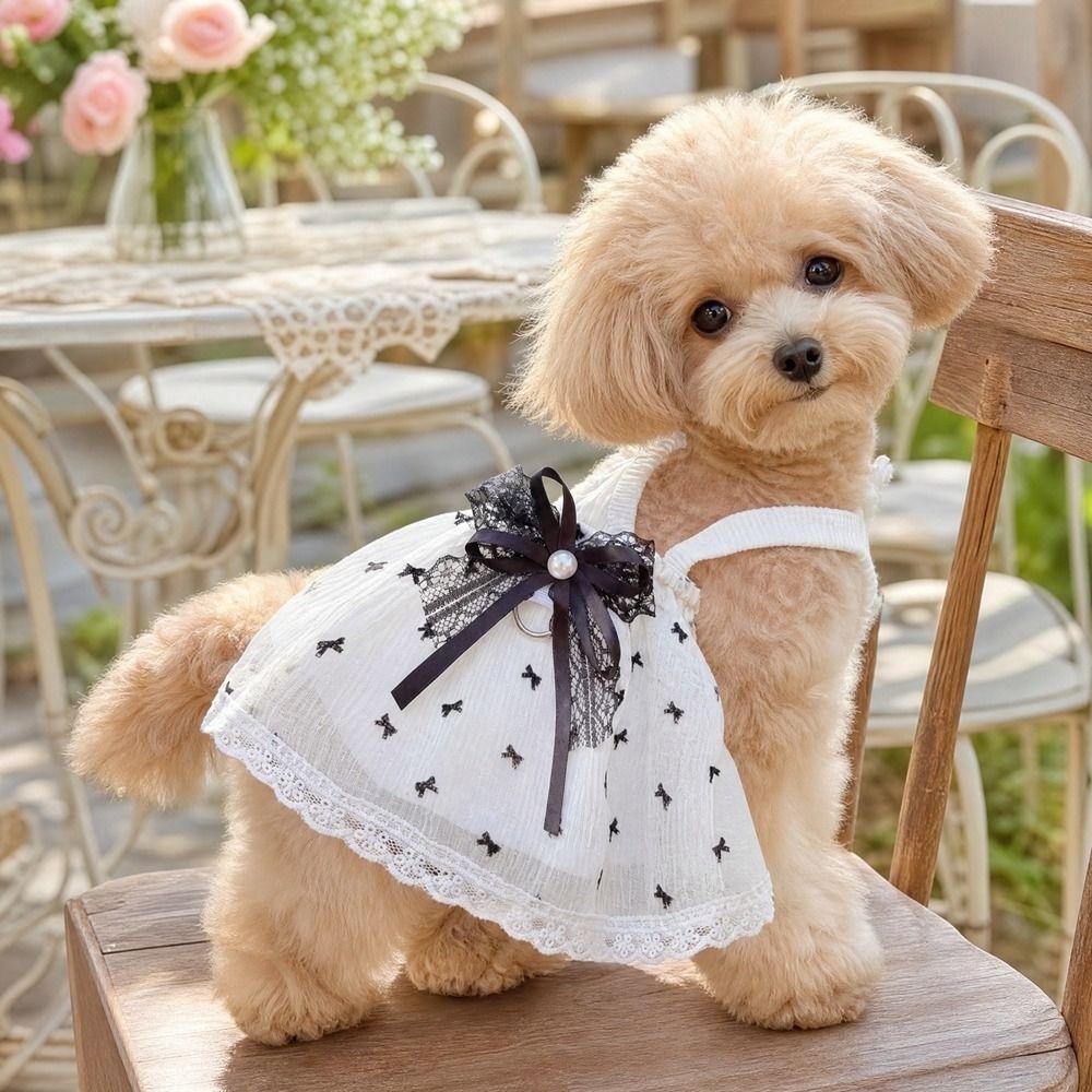 Breathable Pet Lace Bowknot Dress Lace Ruffle Hem Pet Tank Dress Pet Mesh Camisole Skirt  Party