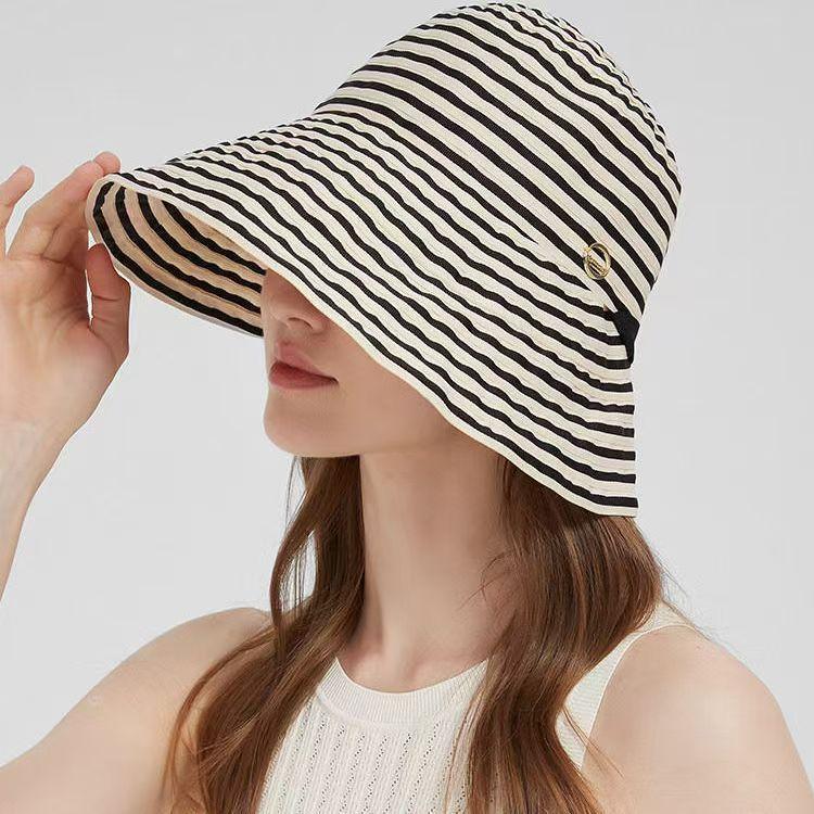 Vintage Striped Lace-Up Fisherman's Hat Ladies Spring and Summer UV Protection Big Eaves Sunshade Sunscreen Hat Basin Hat