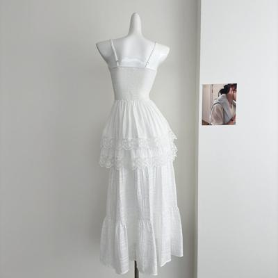 Fashion Clothing Vintage Sicilian Flower New Button White Suspender Dress Skirt