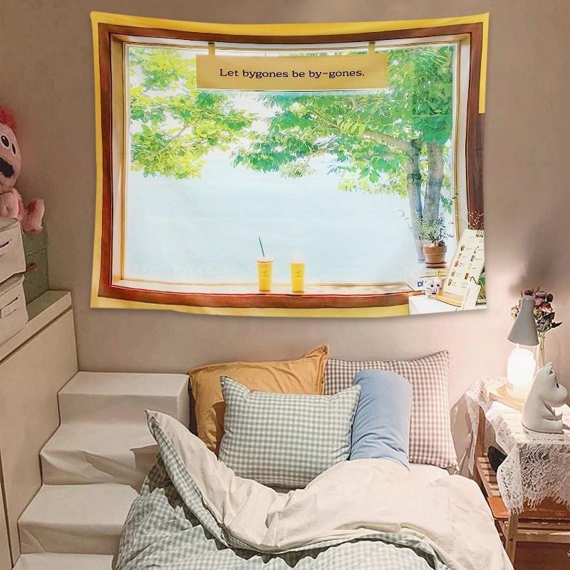 Fake Window View Wall Tapestry With Inspirational Quote, Nature Landscape Wall Hanging for Bedroom Living Room Decor 100X70CM