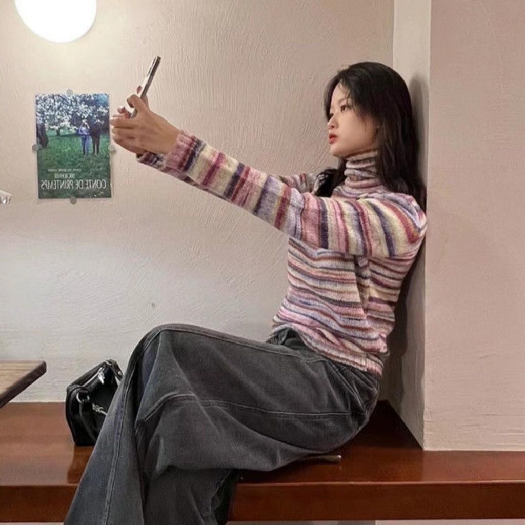 VAYLA Japanese Y2k Turtleneck Sweater Vintage Rainbow Striped Pullover Korean Fashion Knitted Jumper Harajuku Grunge Knitwear