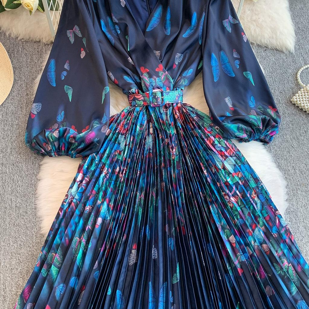 Spring Autumn Women Print Flower Runway Dresses V-neck Big Swing Long Maxi Pleated Holiday Party Dress With Belt
