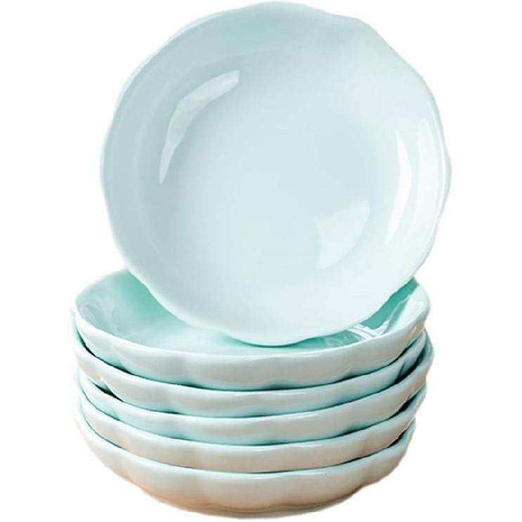 Sizikato 6pcs Light Blue Porcelain Snack Plates, 4-Inch Flower-Shaped Appetizer Plate Dipping Bowl. Small