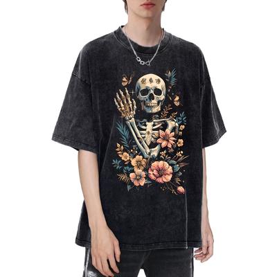 1pc Men's Casual Graphic T-Shirt - 100% Cotton Short Sleeve, Loose Fit Streetwear with Vibrant Skeleton & Floral Print, Machine Washable Round Neck