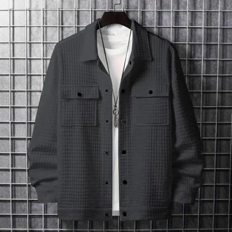 Men Coat Lapel Long Sleeve Solid Color Jacket with Small Square Decoration Loose Fit Single Breasted Outerwear