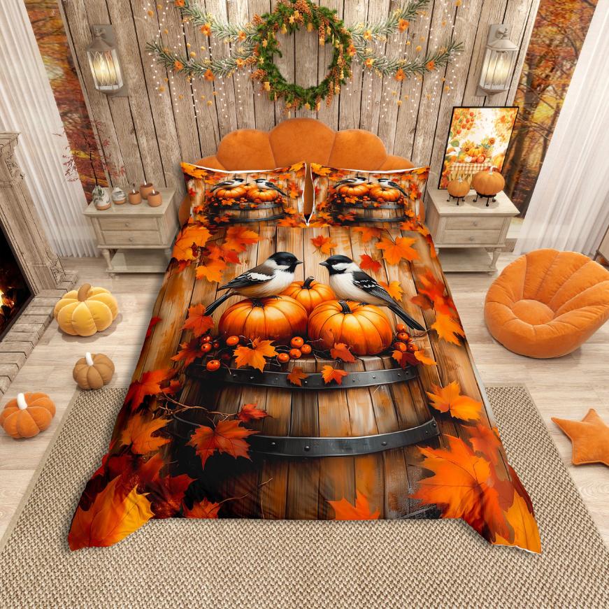 Homewish Happy Fall Duvet Cover SetRustic Pumpkin Maples Bedding SetPet Dogs Bed Set For ChildrenBreathable Home Decor
