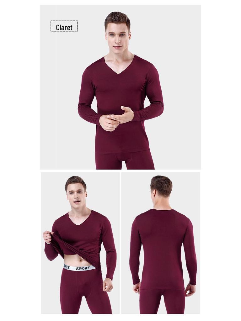 Men's Slim Fit Seamless Fleece-lined Thermal Underwear Set for Autumn