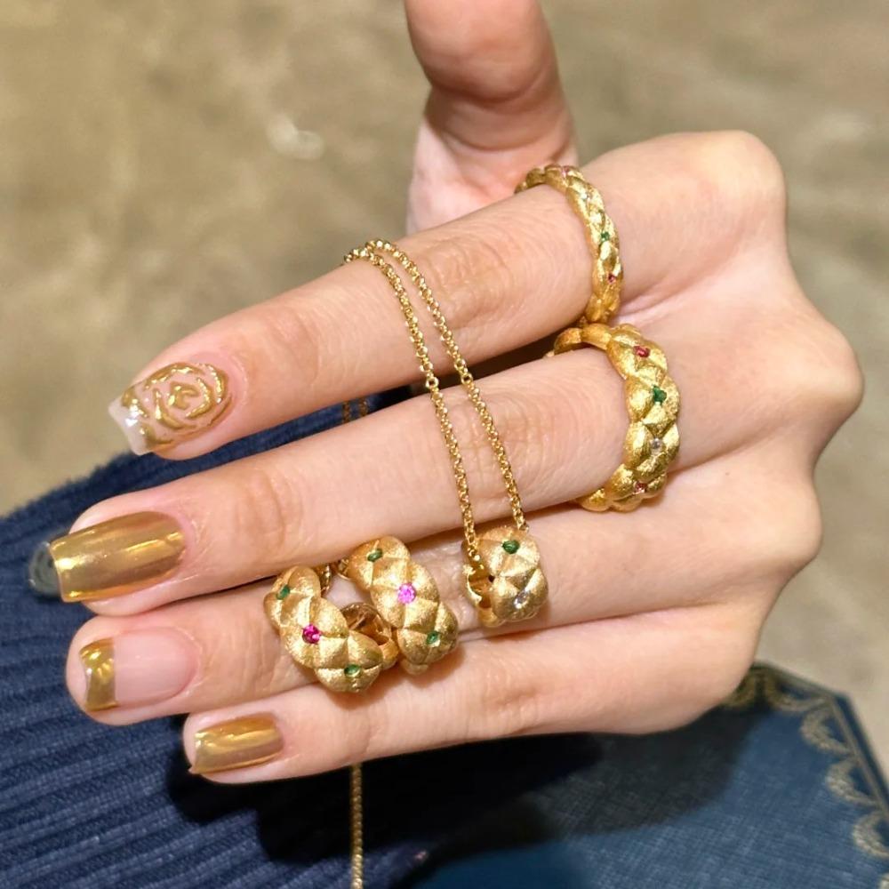 

Women Jewelry Set French Retro Style Colorful Gemstone Ring Luxury Pendant Necklace Twist Earrings Vintage Fashion
