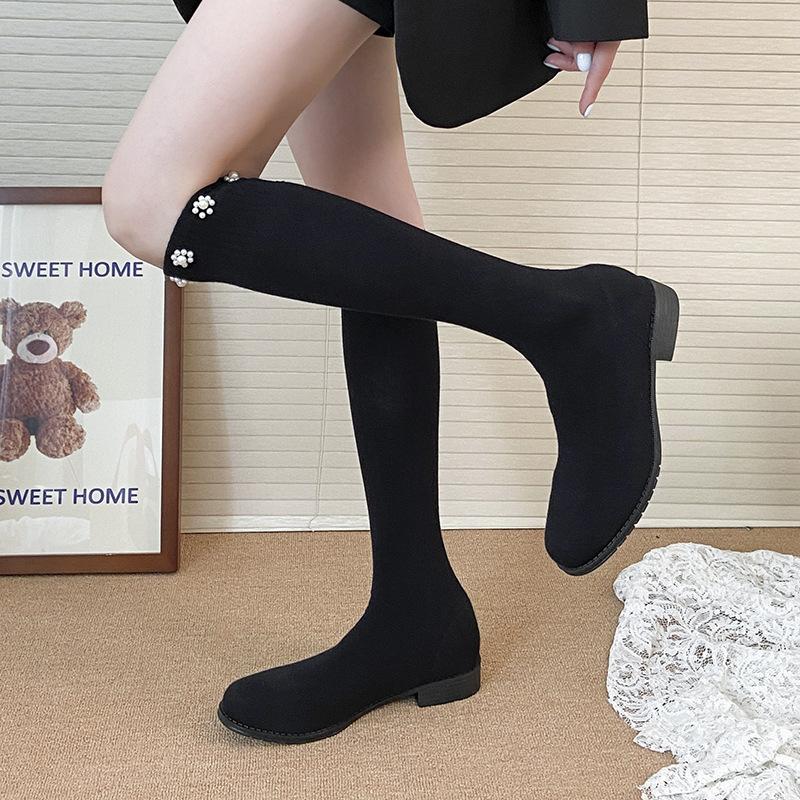 Fashion versatile retro square head thick heel heightened boots autumn and winter new simple pearl fashion boots socks boots
