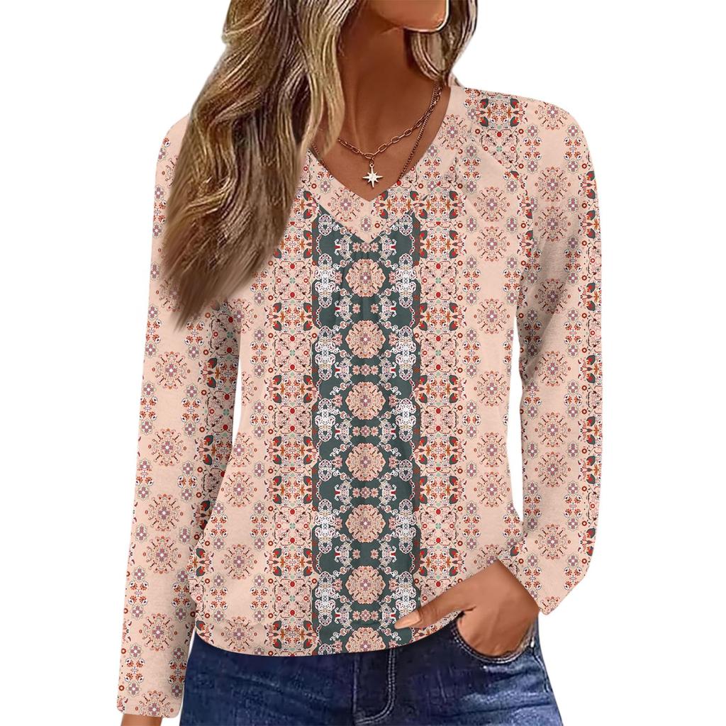 Top Casual de Moda para Mujer con Cuello en V, Manga Larga Raglán Plisada con Estampado Floral