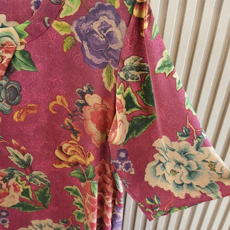 Summer Loose Slim Looking Print Women's Round Neck Short Sleeve Silk Dress Overknee Dress Rich Lady Dress