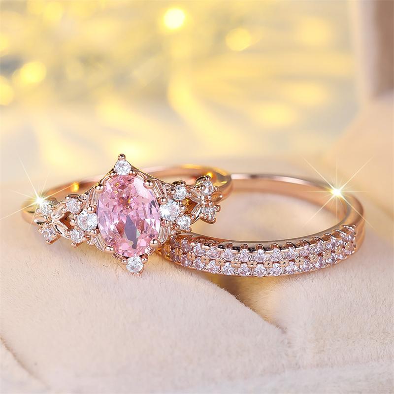 2 Pcs/set Rose Golden Color Oval Cut Pink Stone Ring Crown Ring Set Wedding Band Valentine's Day Jewelry