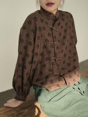 Damskie koszule w stylu chińskim z rękawami nietoperzowymi topy stojak z nadrukiem guziki damskie bluzki w stylu vintage wiosenne lniane koszule