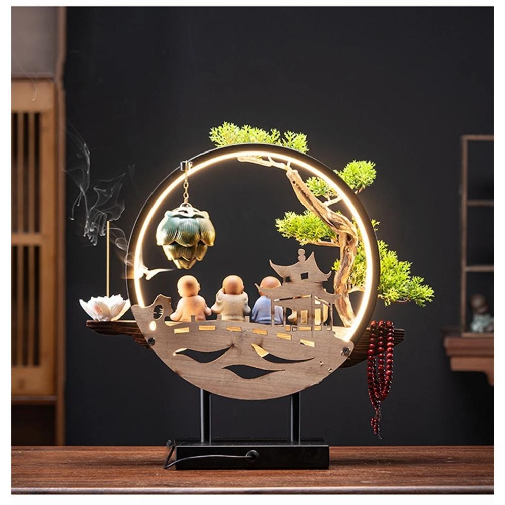 Arzător de tămâie cu reflux din lemn cu lumină LED USB Ceramică Lotus Mărgele Buddha Argilă purpurie Călugăraș Decor pentru casă birou