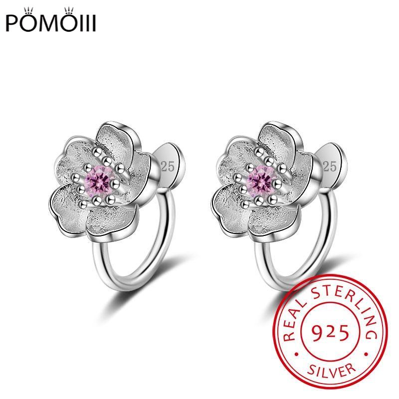 Cute 925 Sterling Silver Cherry Blossoms Flower Set Pink Cz Hoop Earring For Women Girls Kids Jewelry Orecchini Aros Aretes