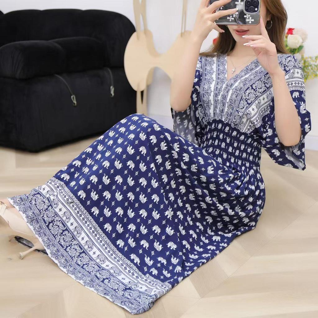 25. Jubiläum Ethnisches V-Ausschnitt Viskose Kurzarm Französisch-Thai Druck Urlaubs Kleid für Damen