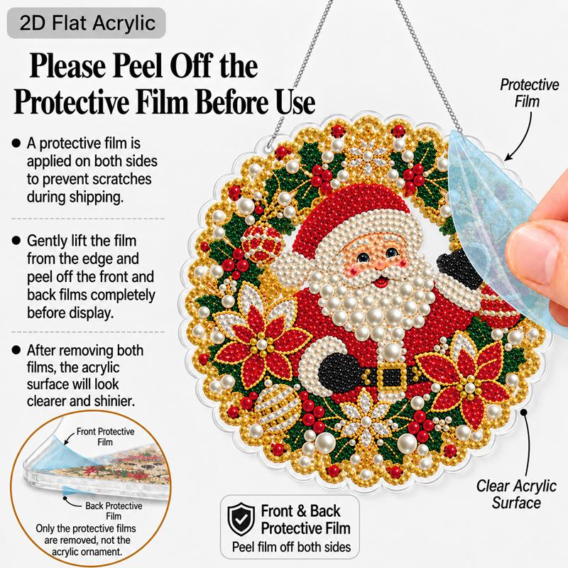 Christmas Acrylic Santa Wreath Pearl Painting Suncatcher,9.72/7.76In,DIY Ornament,Xmas Window Tree Wall Decor & Craft Gift