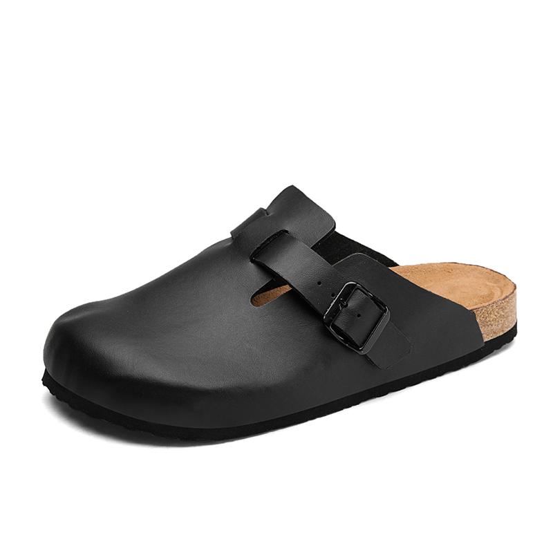 

Leather Half Shoes for Men Black Mules Backless Loafers Slippers Summer Open-back Casual Shoes Male Slides Sandal Slip On Flats 36
