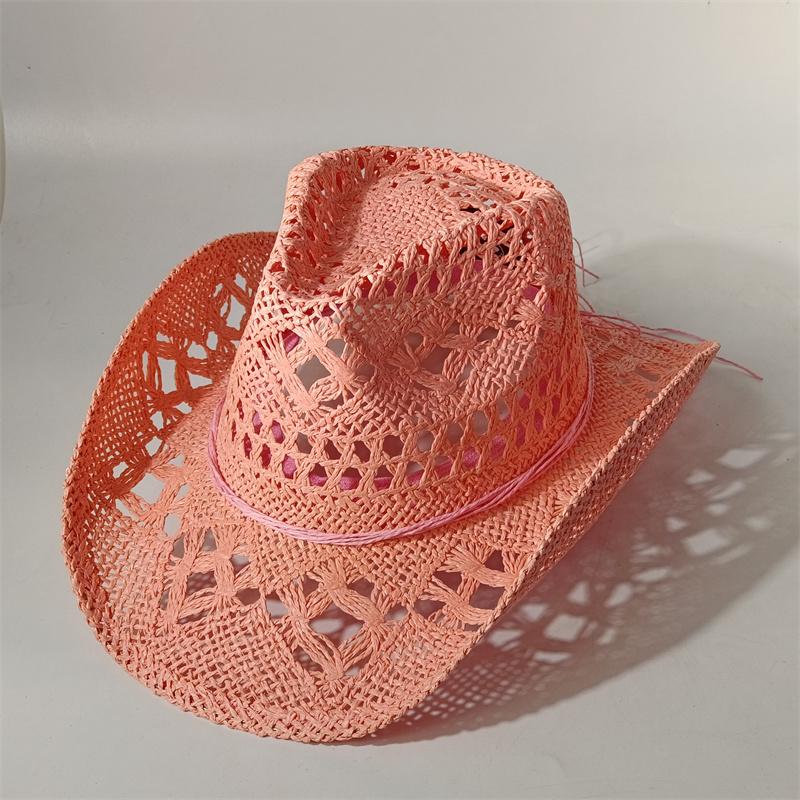 Chapeau de cowboy western en paille pour femmes hommes Classique Vintage Ajouré Unisexe Bord large recourbé Chapeau de soleil Chapeau de pêche Casquette d'escalade 55-58CM