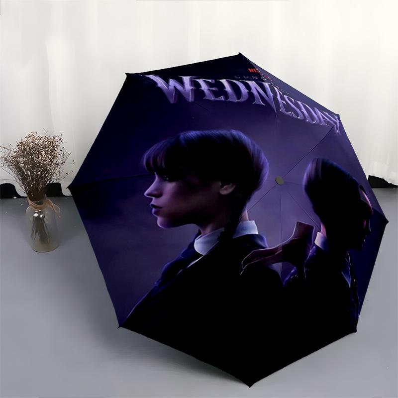1pc Wednesday Addams Pattern Automatic Umbrella Is Fashionable and Good-Looking, a Portable 3-Fold Umbrella, Suitable for Travel and Daily Use, a Trav