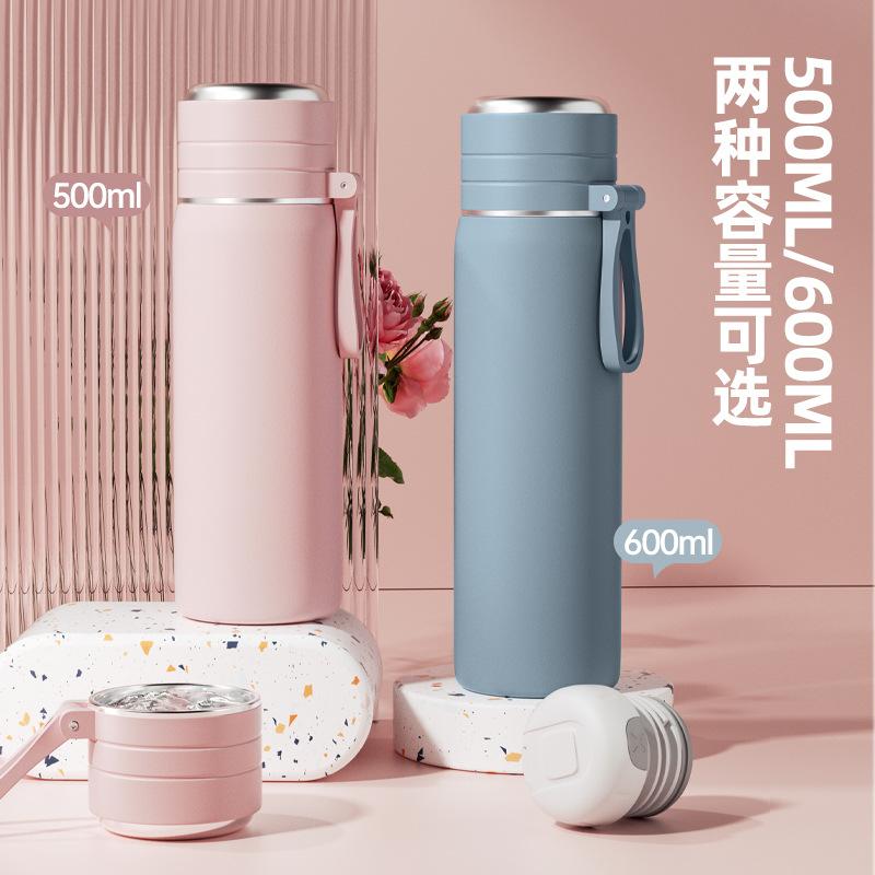500/600ml 304 Stainless Steel Bullet Thermos, Matte Pastel Portable Lanyard Leakproof Vacuum Water Bottle Student School Travel
