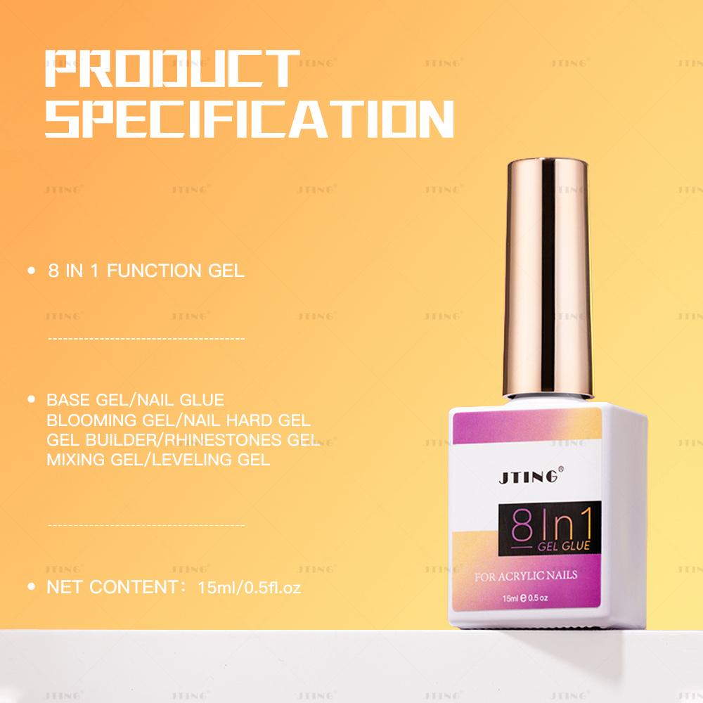 JTING New arrival 8 IN 1 nail function glue gel for Rhinestone OEM ODM Nail hard Builder Base gel Mixing and Leveling