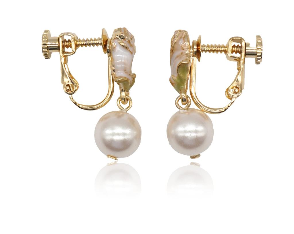 Accessory Earrings Rose Pearl Beads White 8mm Handmade Flower Cute Swaying and Pearl Beads [Rose White]