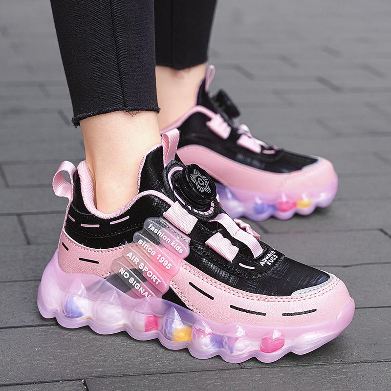 28-38 Children's Pink Leather Waterproof Rotation Buttons Sports Shoes Boys Basketball Sports Shoes Girl Sports Shoes
