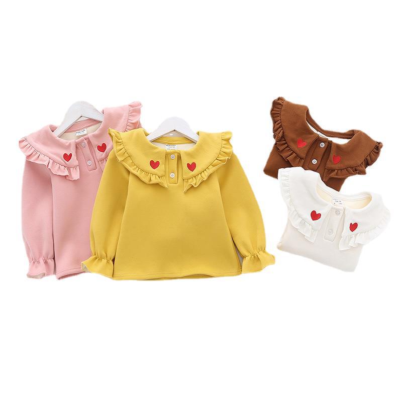 2022 Autumn/Winter Heart Embroidery Velvet Children's T-shirt with Sweet Big Lapel