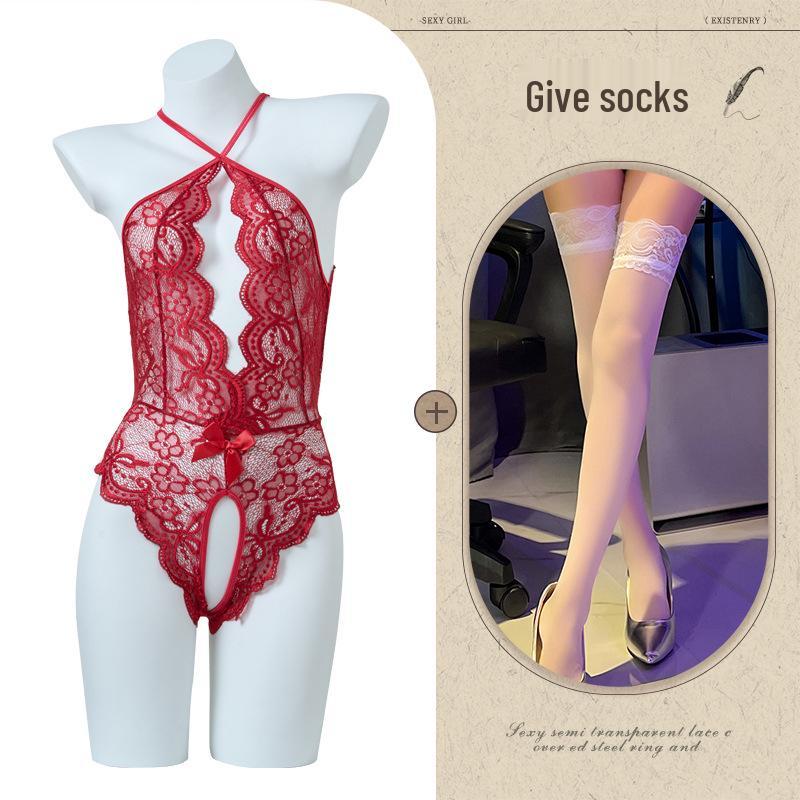 Women's Open Crotch See-Through Lace Bodysuit with Pearl Detail