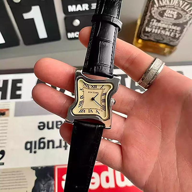 Y2K Goldene Uhren Retro Herren-Quarz-Armbanduhr Quadratische Schmelzende Uhr Römische Ziffern Stundenmarkierungen Unregelmäßige Unisex-Uhr