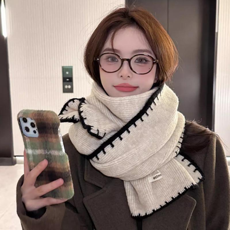 Korean Contrast Knitted Scarf Winter Keeping Warm Fashion Retro Versatile Scarf