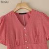 ZANZEA Women Casual V-Neck Short Sleeve Grid Print Dress