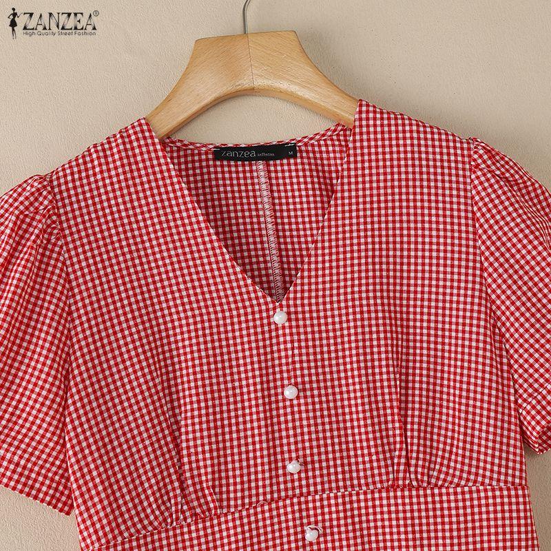 ZANZEA Women Casual V-Neck Short Sleeve Grid Print Dress