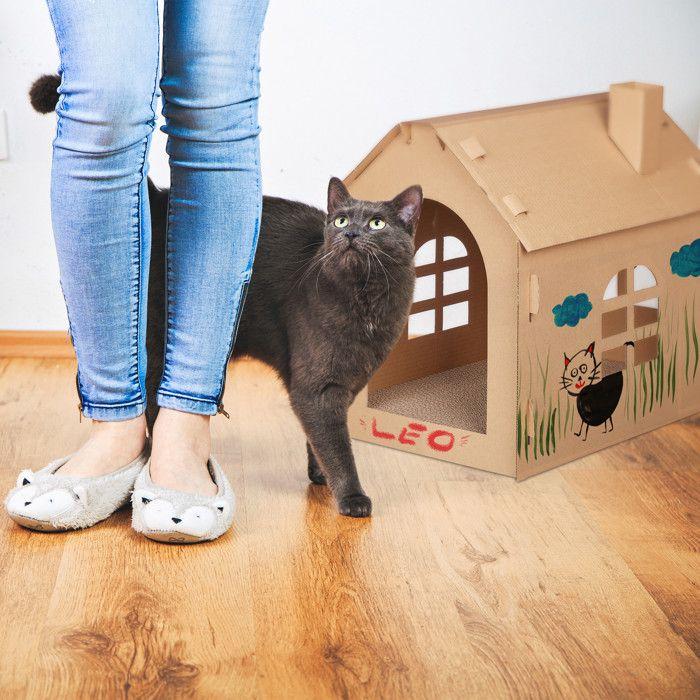 Relaxdays maison carton chat, niche avec griffoir, à construire, herbe-aux-chats incluse, 46 x 36,5 x 42,5 cm, marron
