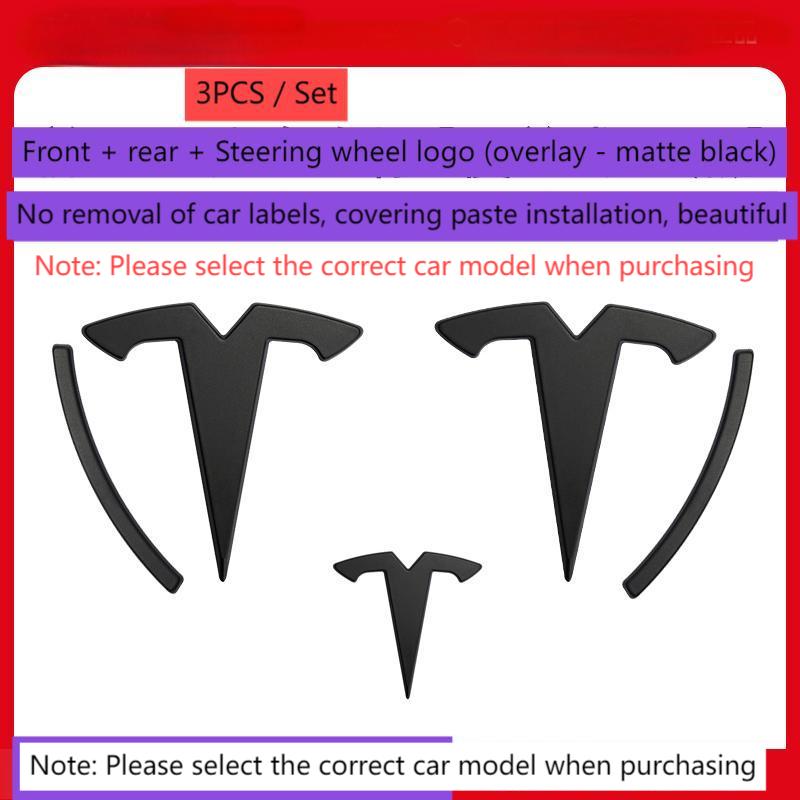 ABS Coverable Front Logo Rear Logo Steering Wheel Badge for Tesla Model 3 Y Carbon Fiber Label Car Accessories Personalization