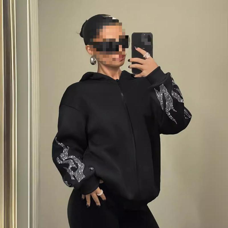 Autumn and winter Y2K trendy street flame hot stamping loose zipper hooded sweatshirt for men and women