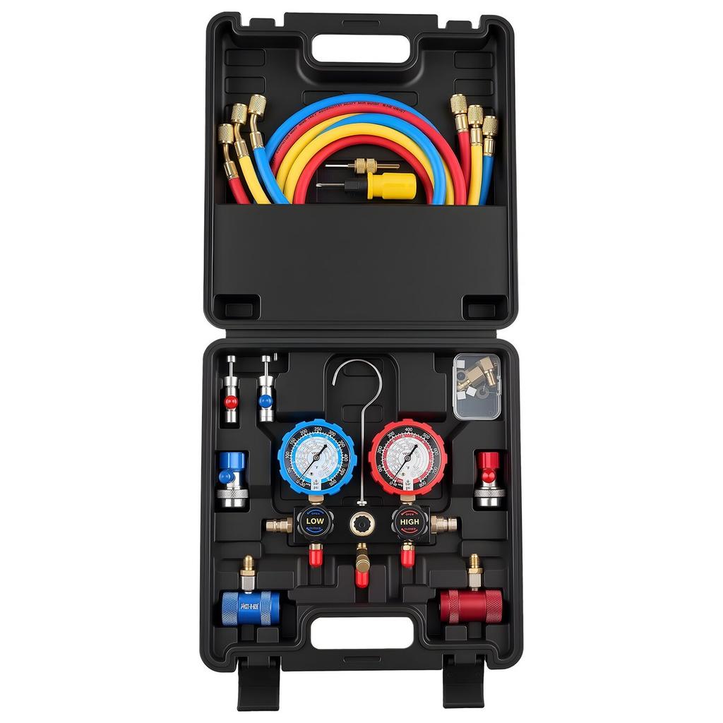 AC Manifold Gauge Set for R134a R404A R1234yf R22 Refrigerant, 3 Way AC Gauge with 1.5m Hoses, Adapters, Quick Couplers, Can Taps for Automotive Air