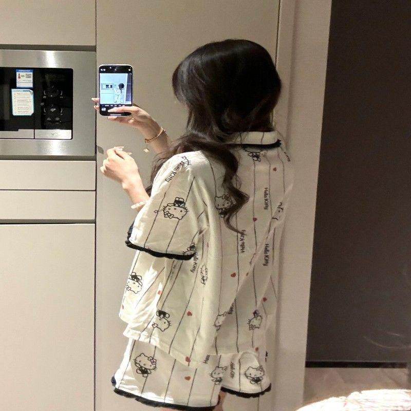 

Women s Korean Style Summer Pajama Set: Short Sleeve Top, Shorts, Cardigan, 200g Imitation Cotton, Versatile for Home or Outside Wear. Size M-L