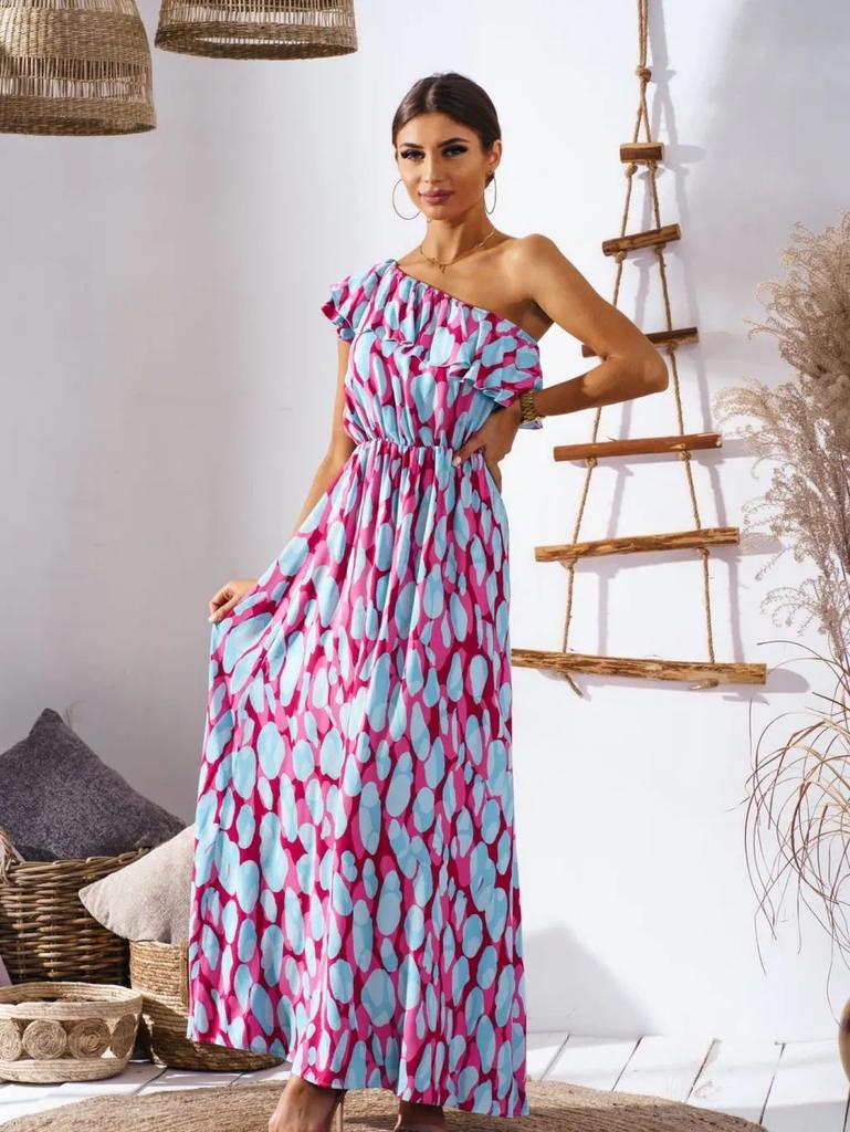 European and American Summer New Waist Off-the-shoulder Printed Long Casual Dress for Women
