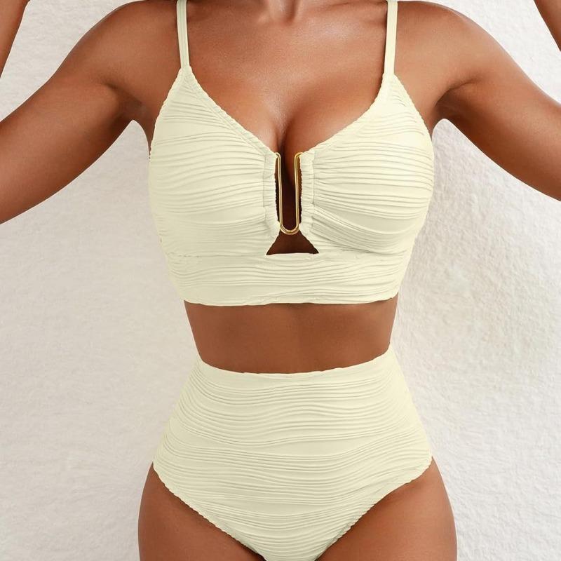 Europäischer und Amerikanischer Einfarbiger Bikini V-Ausschnitt Ausgehöhlt Hohe Taille Badeanzug Textur Plissiert Schmuck Badeanzug Bikini Damen